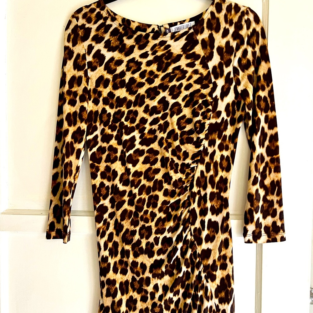 Jennifer Lopez leopard print assymetrically shirred body con mini dress
